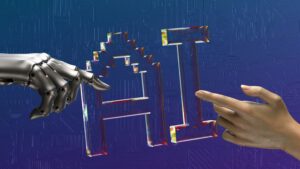 artificial intelligence privacy AI an AI hand and a human hand reaching out to each other