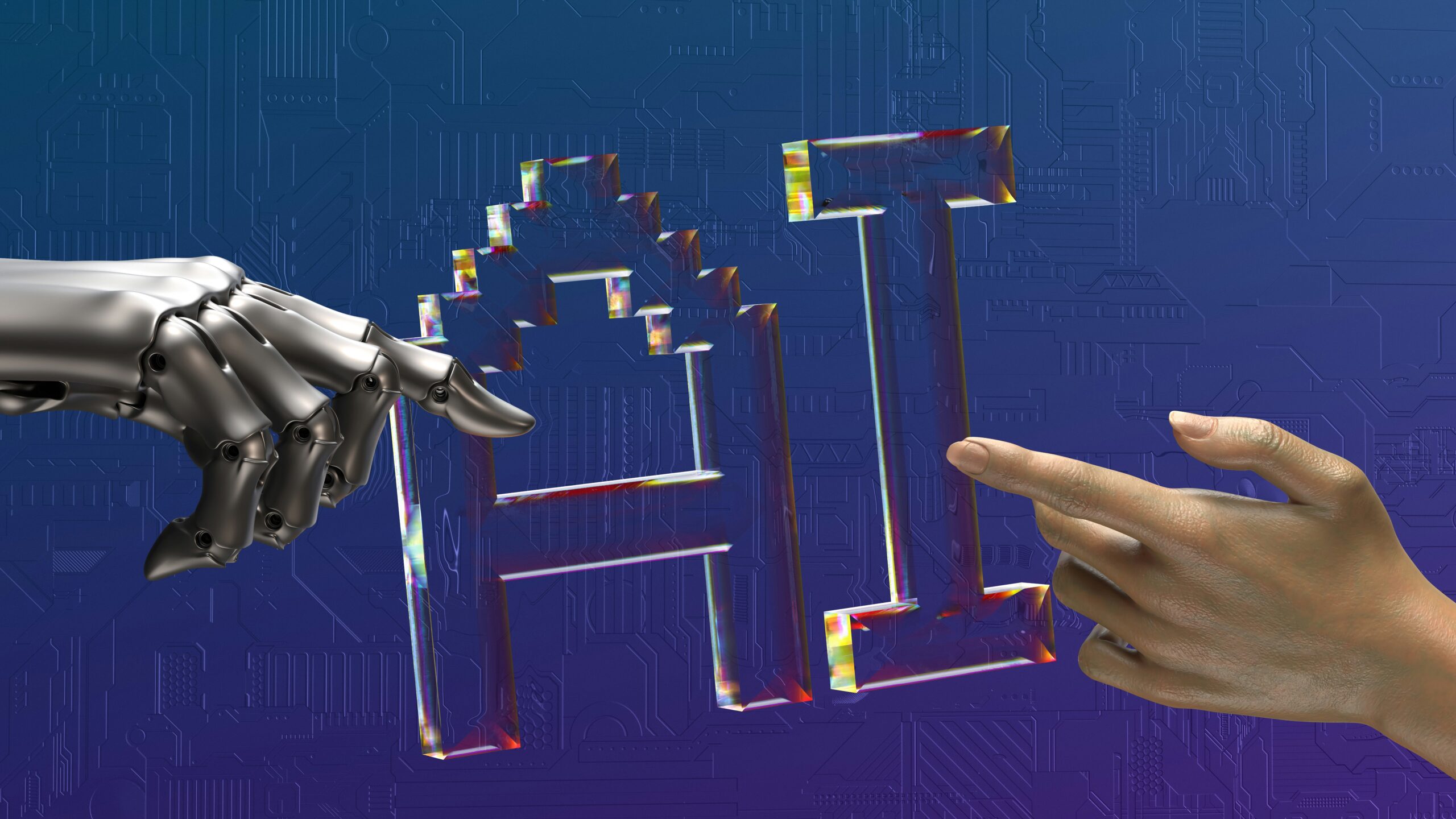 artificial intelligence privacy AI an AI hand and a human hand reaching out to each other